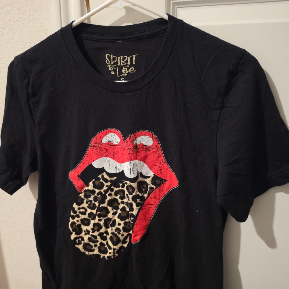 Spirit To A Tee Black Rolling Stones Leopard Tongue Graphic T-Shirt Small USA
